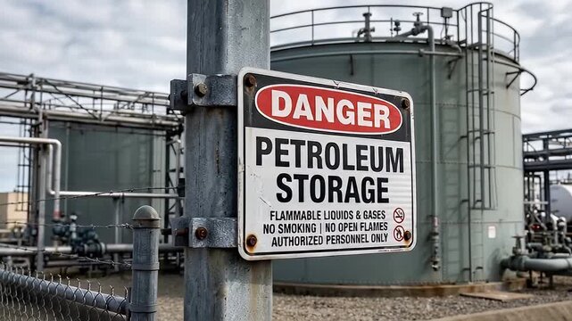 Danger petroleum storage tank facility warning sign industrial safety hazard flammable liquid gas risk no smoking open flame rule fuel tank metal refinery structure fenced area outdoors