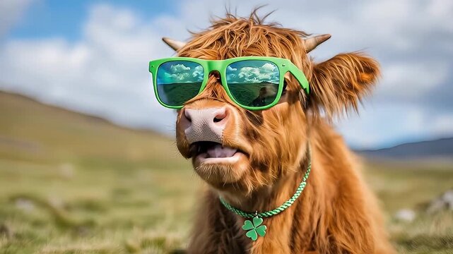 Cool cow with green sunglasses in summer field, funny highland cattle furry animal in clover pasture, quirky brown fur livestock portrait on green meadow under mountain sky