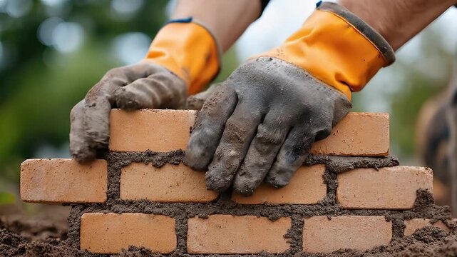 Construction brick masonry worker glove hand mortar build craft labor bricklaying brick wall structure foundation industry outdoor soil mud manual skill closeup work safety texture steady mason