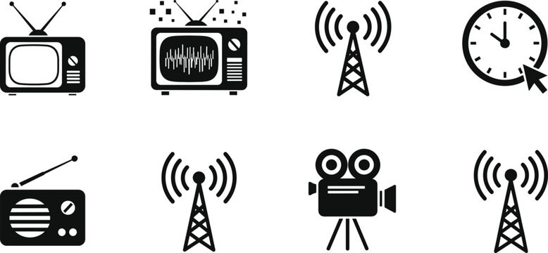 Retro media communication icon set with vintage television radio antenna tower movie camera and clock black vector silhouette on white