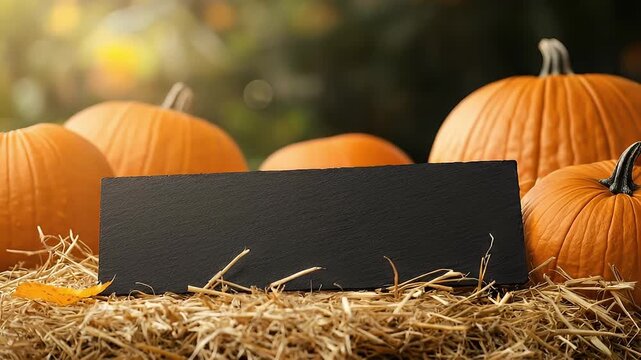 Orange pumpkin autumn harvest blank sign on hay straw bale rustic farm scene seasonal background with copy space for thanksgiving fall decoration countryside outdoor display in warm sunset light