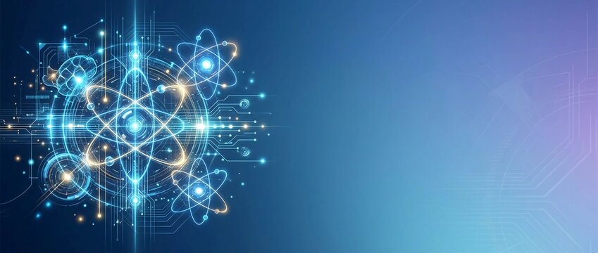 The atomic structure glows with vibrant blue and gold light against a gradient background transitioning from dark blue to purple and white.