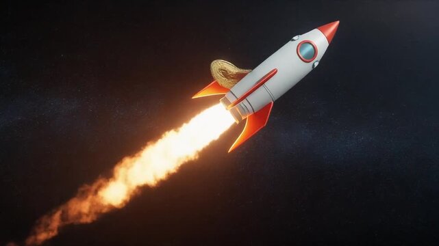 Cryptocurrency rocket soaring through space with gold coin, flames, and dark background, symbolizing rapid growth and investment