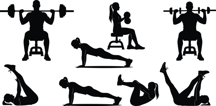 Fitness workout silhouettes collection, gym training exercises with barbell dumbbell push up and abs workout, athletic people strength training vector illustration set