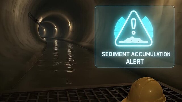 Sediment accumulation alert tunnel wastewater sewer monitoring safety maintenance warning as digital sediment tunnel alert flood warning water drainage sewer safety hardhat glow and tunnel water