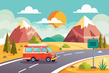 Fototapeta premium Vibrant vector illustration featuring a retro red camper van travelling on a scenic mountain road under a golden sunset, perfect for adventure designs.