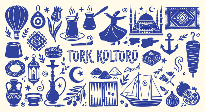 Istanbul tourism landmark silhouettes. Flat blue Turkish culture elements. Whirling dervish and tea doodle poster. Traditional Middle Eastern travel icons. EPS vector layout.
