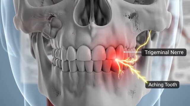 Human skull anatomy with highlighted trigeminal nerve and aching tooth in a medical setting