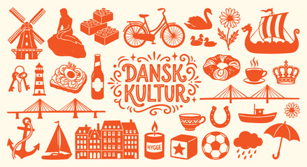 Orange Danish culture doodle bundle. Copenhagen tourism landmark silhouettes. Hygge lifestyle concept web banner. Flat vector Scandinavian travel EPS print template. © MH HASIB