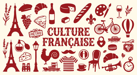 French culture typography poster. Traditional Paris travel icons set. Red flat silhouette food and landmark elements. Vintage European tourism EPS vector illustration. © MH HASIB