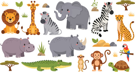 African Safari Animals Vector Illustration Set Featuring Lion, Giraffe, Elephant, Zebra, Cheetah, Rhino, Hippo, Crocodile, Monkey, Parrot, and Turtle for Wildlife Graphics. © MstSuborna