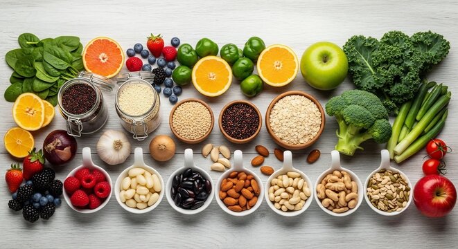 A Vibrant Assortment of Fresh Fruits Vegetables Nuts and Grains.