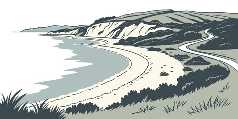 a serene coastal landscape with a sandy beach and grassy hills Vector © RABBY