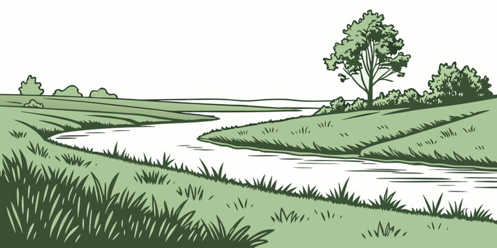 a winding river flowing through a serene green landscape Vector