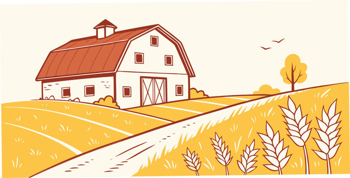 a white barn with a red roof sits next to a field Vector