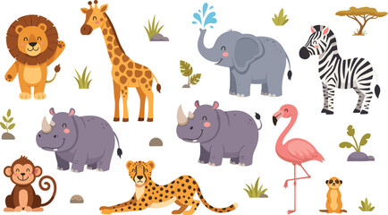 African Safari Animals Vector Illustration Set Featuring Lion, Giraffe, Elephant, Zebra, Rhino, Flamingo, Cheetah, Monkey, and Meerkat for Wildlife Nature Graphics. © MstSuborna