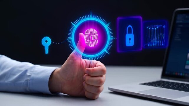 Biometric authentication concept with fingerprint scan and security icons on a dark background with a laptop