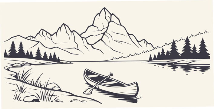 a serene mountain lake scene with a canoe Vector