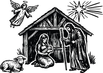 Naklejka premium Woodcut style close up nativity scene with mary holding baby jesus joseph standing with staff by stable under star angel