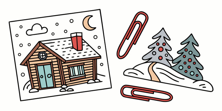 a house and trees in a snowy scene with paper clips Vector
