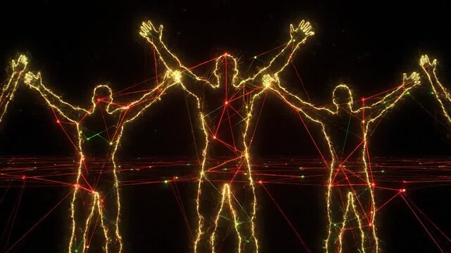 Glowing Human Silhouettes Celebrating at Night.