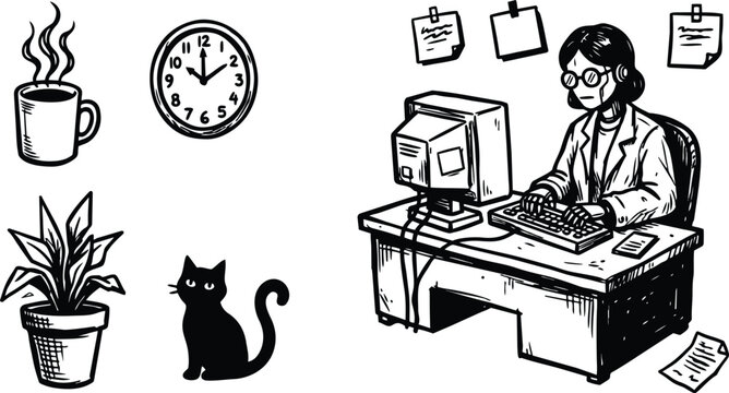Line art retro office worker typing at desk with vintage computer coffee plant cat clock and sticky notes wearing glasses