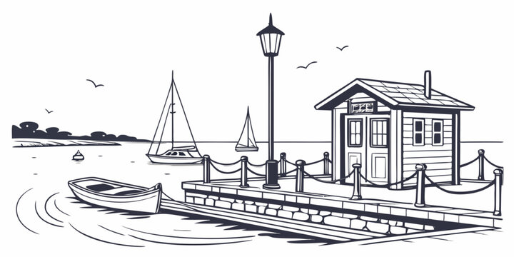 a small house on a dock with a boat and a street light Vector