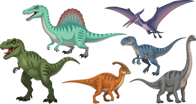 Dinosaur collection set including tyrannosaurus spinosaurus velociraptor pterosaur parasaurolophus and brachiosaurus prehistoric animals vector illustration