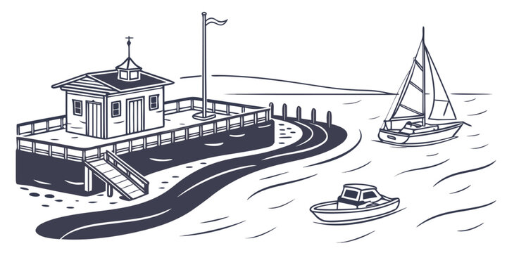 a small boat and a sailboat near a pier Vector