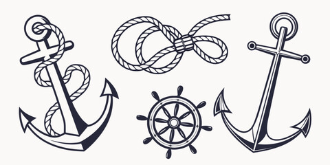 nautical icons including anchors and a ship's wheel Vector © RABBY