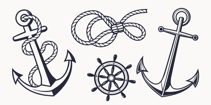 nautical icons including anchors and a ship's wheel Vector