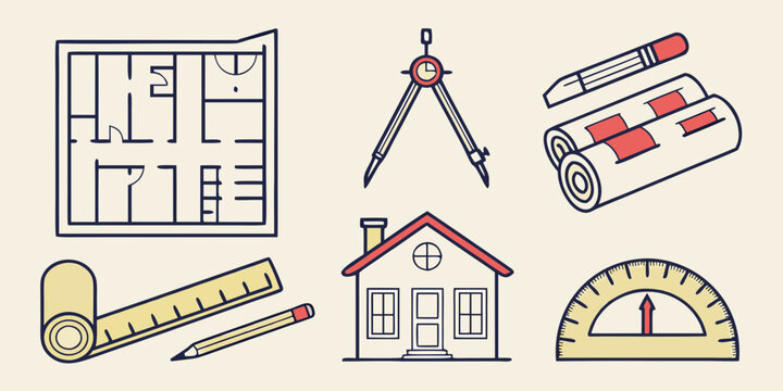 architectural tools and house plan icons Vector