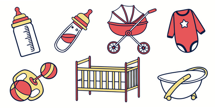 a collection of baby items and toys Vector