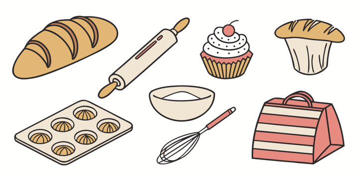 assorted baked goods and baking tools Vector