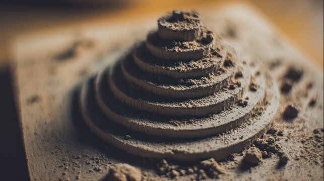 Detailed miniature Babel tower sculpture built with clay and sand textures on a wooden platform. event programs, museum guides, designed for cultural heritage projects and event programs