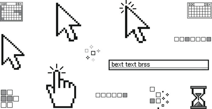 Pixel Cursor and Retro Interface Icon Set with Hand Pointer, Loading Hourglass, Text Input and Vintage Computer UI Elements