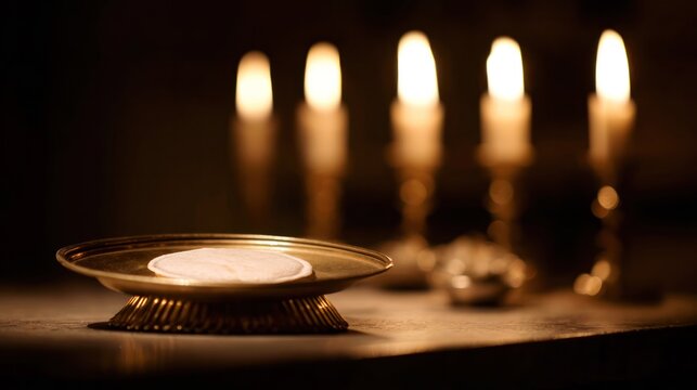 Open pyx containing white communion wafer on altar, illuminated by candlelight, still composition. event programs, museum guides, designed for cultural heritage projects and event programs.