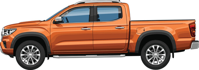 Orange pickup truck side view modern utility vehicle transport automobile detailed cartoon vector illustration © EdGe Creative