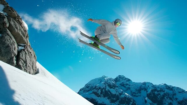 Skier in midair performing a jump off a snowy cliff face with sun flare