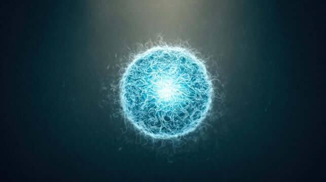 A glowing blue orb floating in dark space with intricate white connections, creating a sci-fi atmosphere. product launch decks.