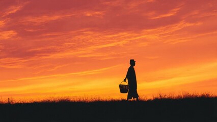 Fototapeta premium Silhouette of figure walking at sunset