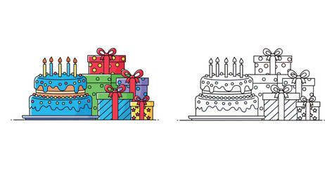 Fototapeta premium Colorful birthday cake with candles and gift boxes illustration alongside black and white outline version for children's coloring book page