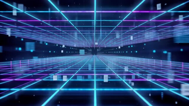 Glowing digital grid moves through a dark virtual space to create a retro futuristic motion background for immersive technology displays.