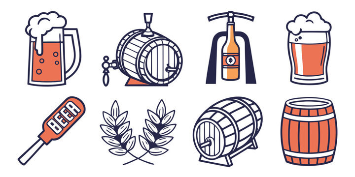 a collection of beer brewing and drinking related icons Vector