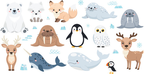 Cute Arctic Animals Vector Illustration Set Featuring Polar Bear, Seal, Walrus, Penguin, Owl, Deer, Whale, Narwhal, and Puffin for Winter Wildlife Designs. © MstSuborna
