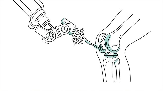 Robotic arm performing knee replacement surgery on a human leg, illustrating advanced medical technology and orthopedic procedures vector