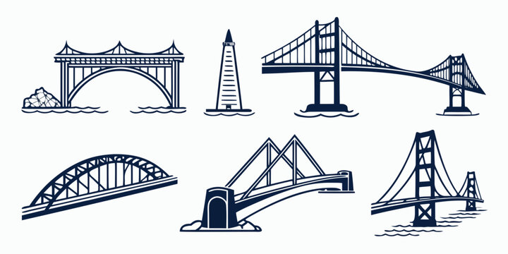 a collection of seven different bridge types Vector