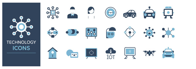 Obraz premium Collection of modern technology icons including AI, IoT, and autonomous vehicles.