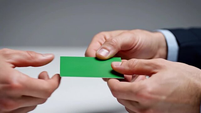 Businessman receiving green card in professional setting