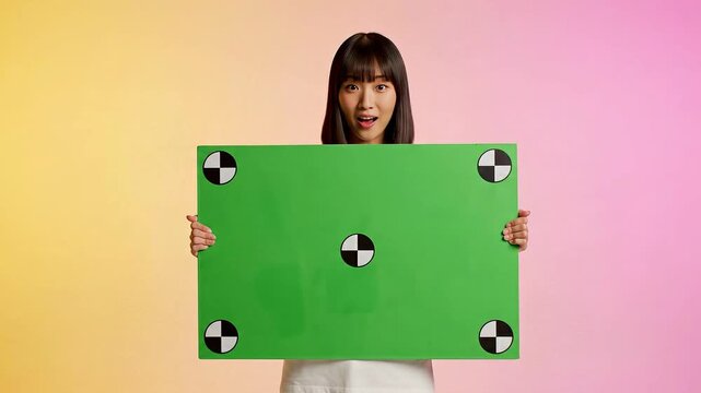 Young woman holding green chroma key sign with colorful background